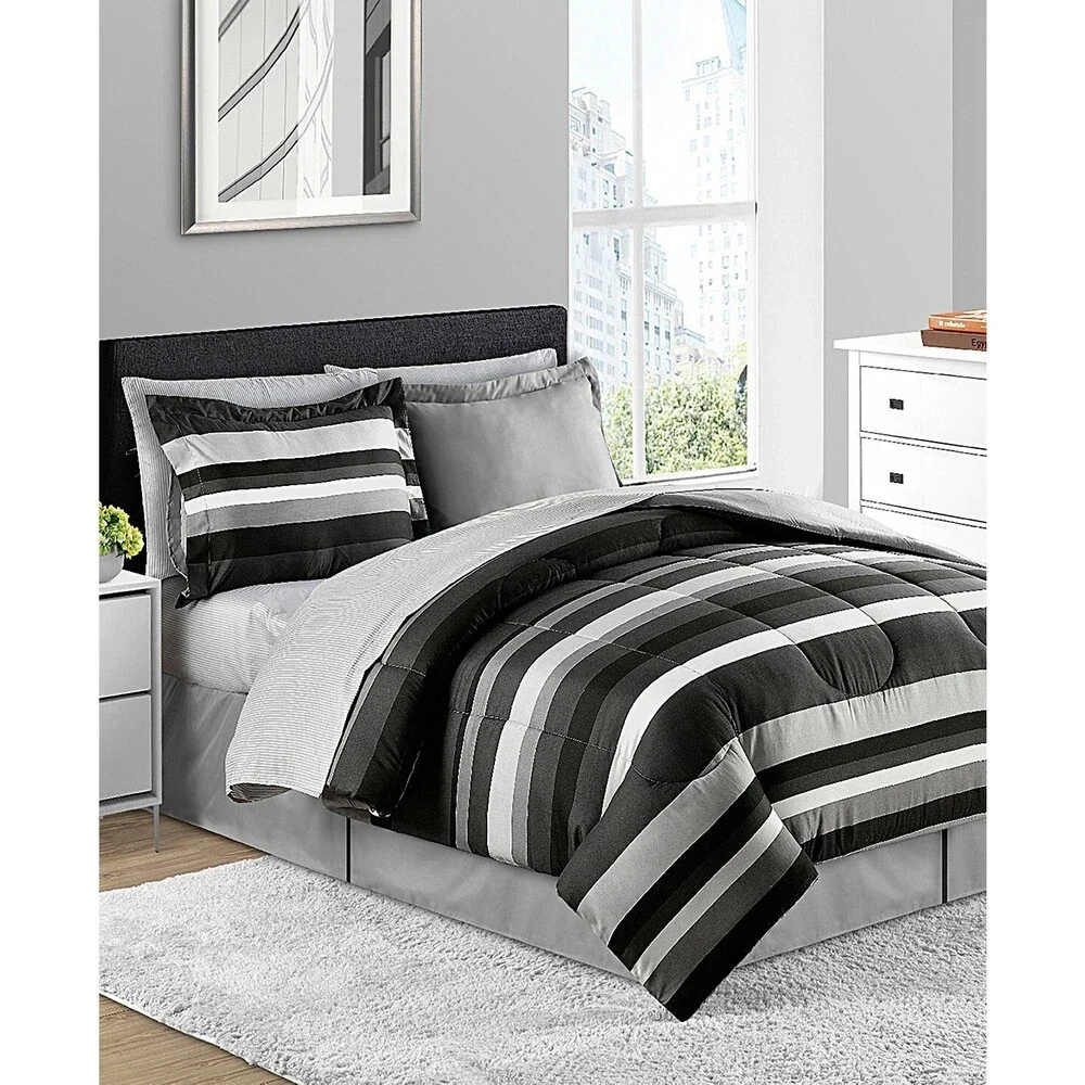 Fairfield Square Collection Austin Comforter Set King Black Reversible 8Pc BED88